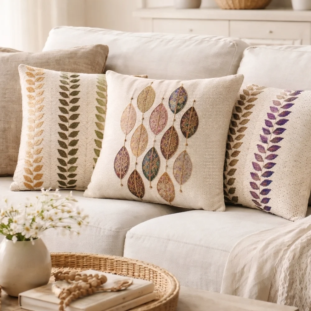 Handprint Pondicherri Kantha Leaf Pillow Covers – Set of 3 – Artisan Made India